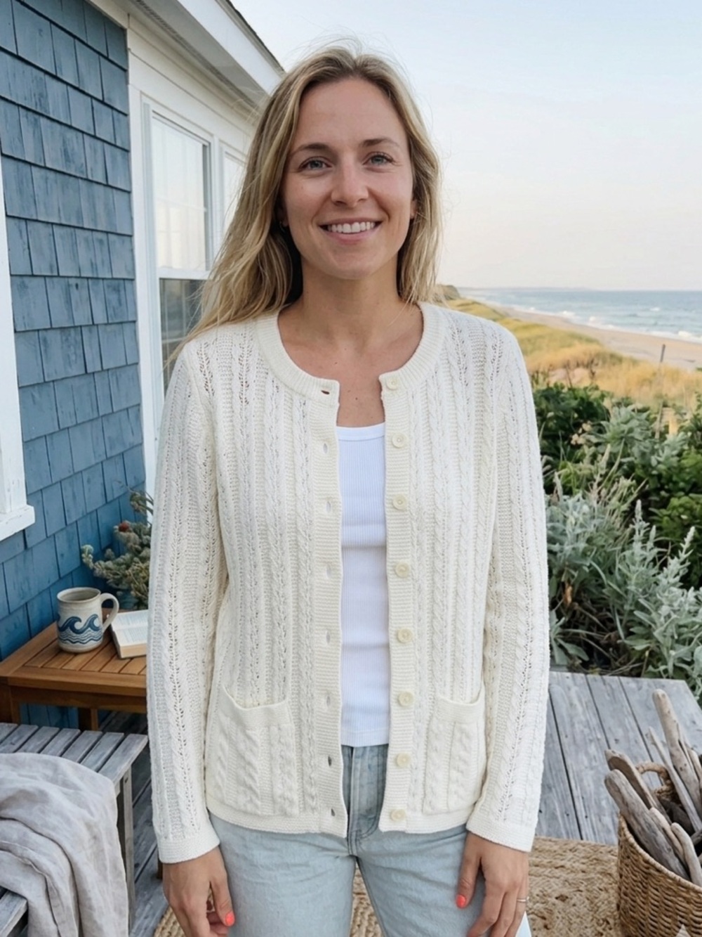 Vintage Style Anthony Richards White Crochet Knit Cardigan Pockets Size Large P